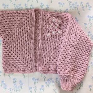 Handmade Floral Crochet Cardigan Sweater XS Pink Cottagecore Soft Girl Vintage